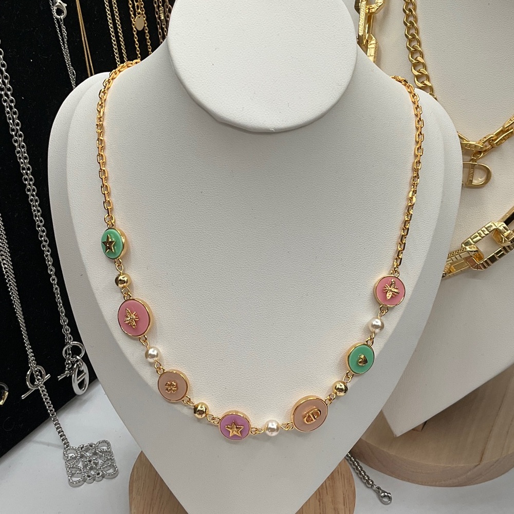 Chic Gold Necklace with Pink and Green Charms
